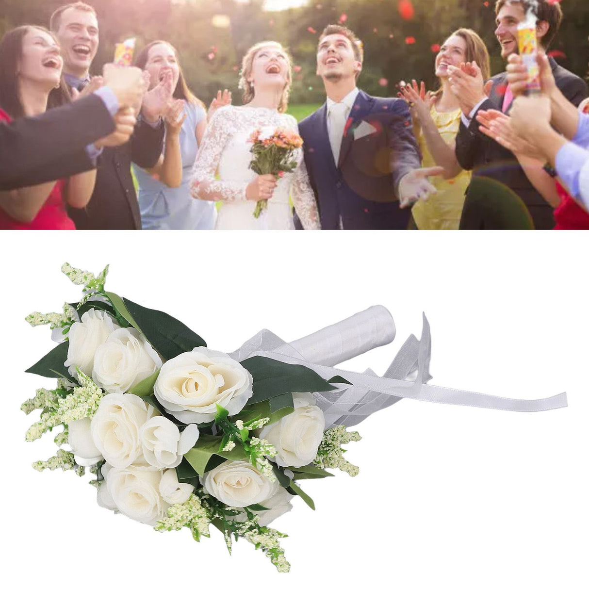 Wedding Bouquet Simulation Artificial Rose Lifelike Green Leaves Modern Elegant Rose for Wedding Church Home Decor Milky White