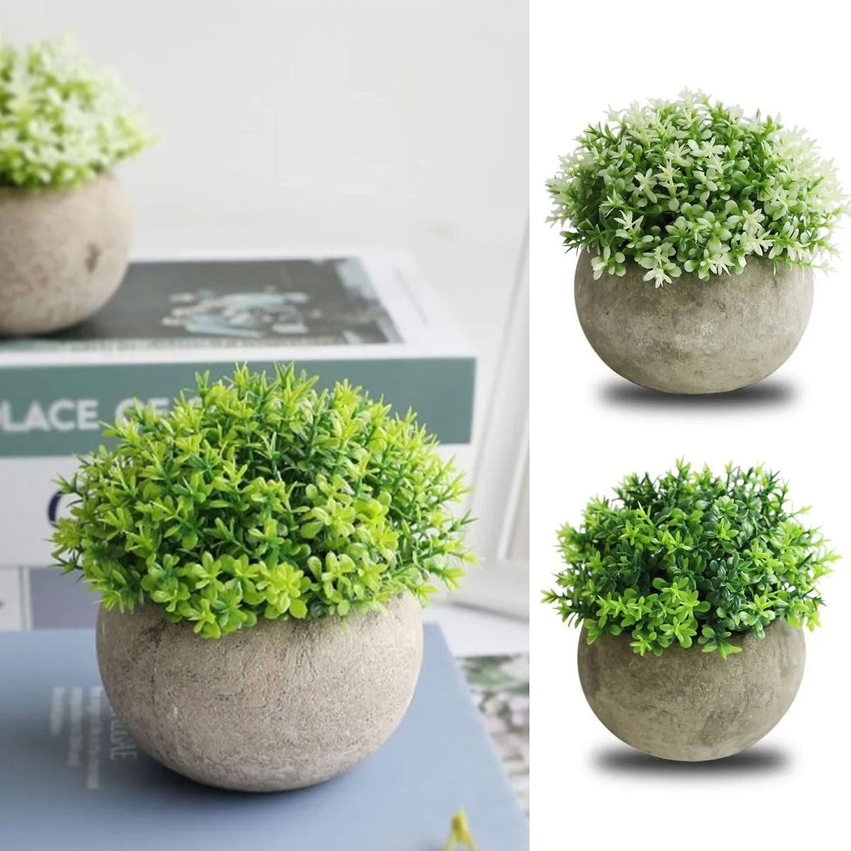 2 PCS Simulated Plant Bonsai Semicircular Ball Pulp Bonsai Desktop Green Plants Potted Ornaments White Green