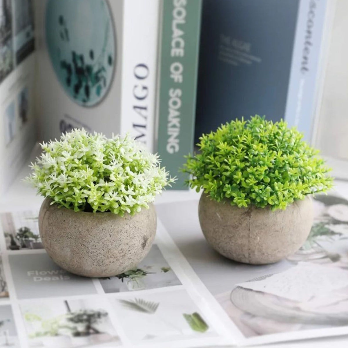 2 PCS Simulated Plant Bonsai Semicircular Ball Pulp Bonsai Desktop Green Plants Potted Ornaments White Green