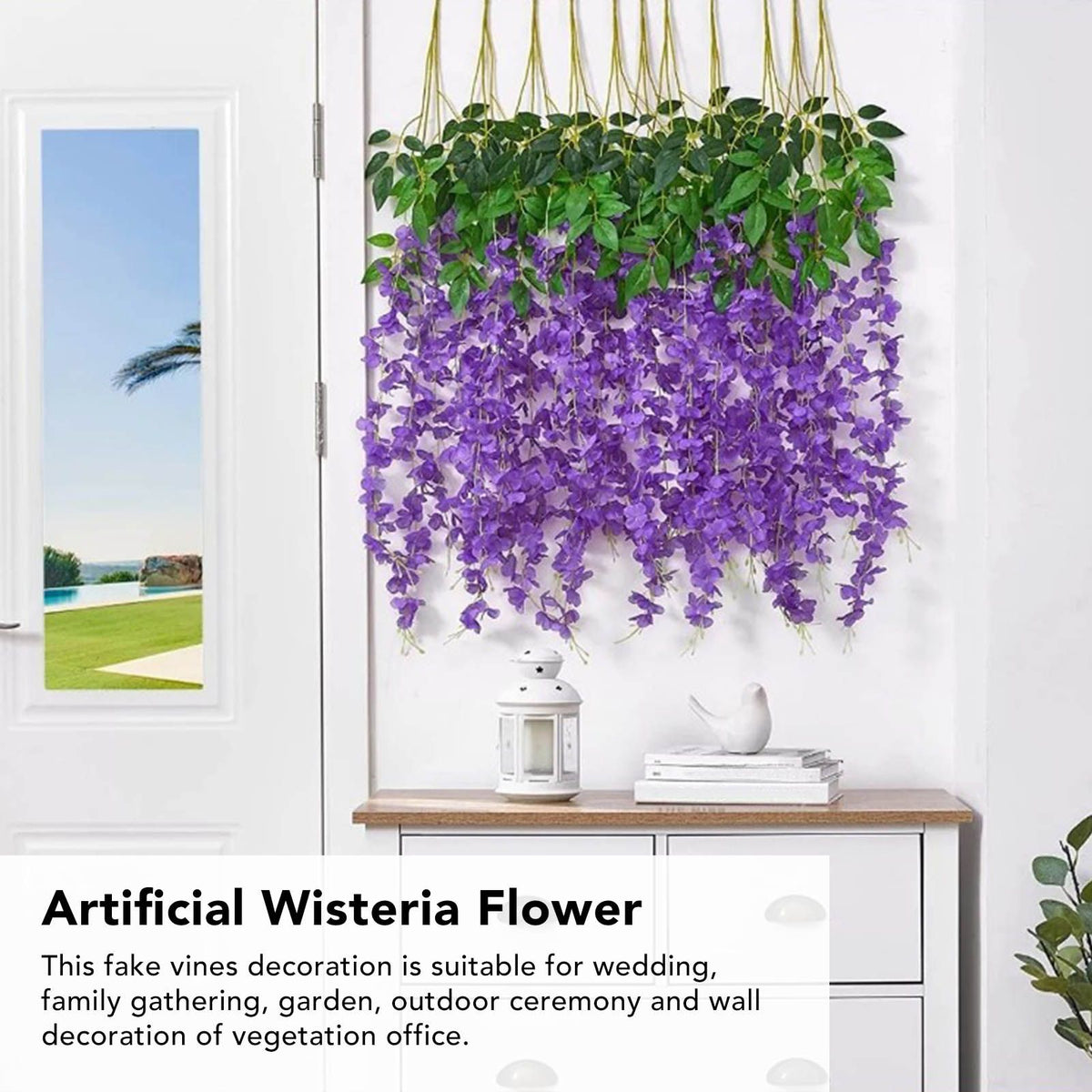 14PCS Ceiling Artificial Wisteria Flower Six Leaf Purple Blue Fake Vines Decoration for Wedding Home Ornament