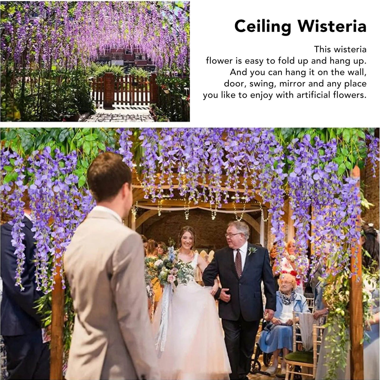 14PCS Ceiling Artificial Wisteria Flower Six Leaf Purple Blue Fake Vines Decoration for Wedding Home Ornament