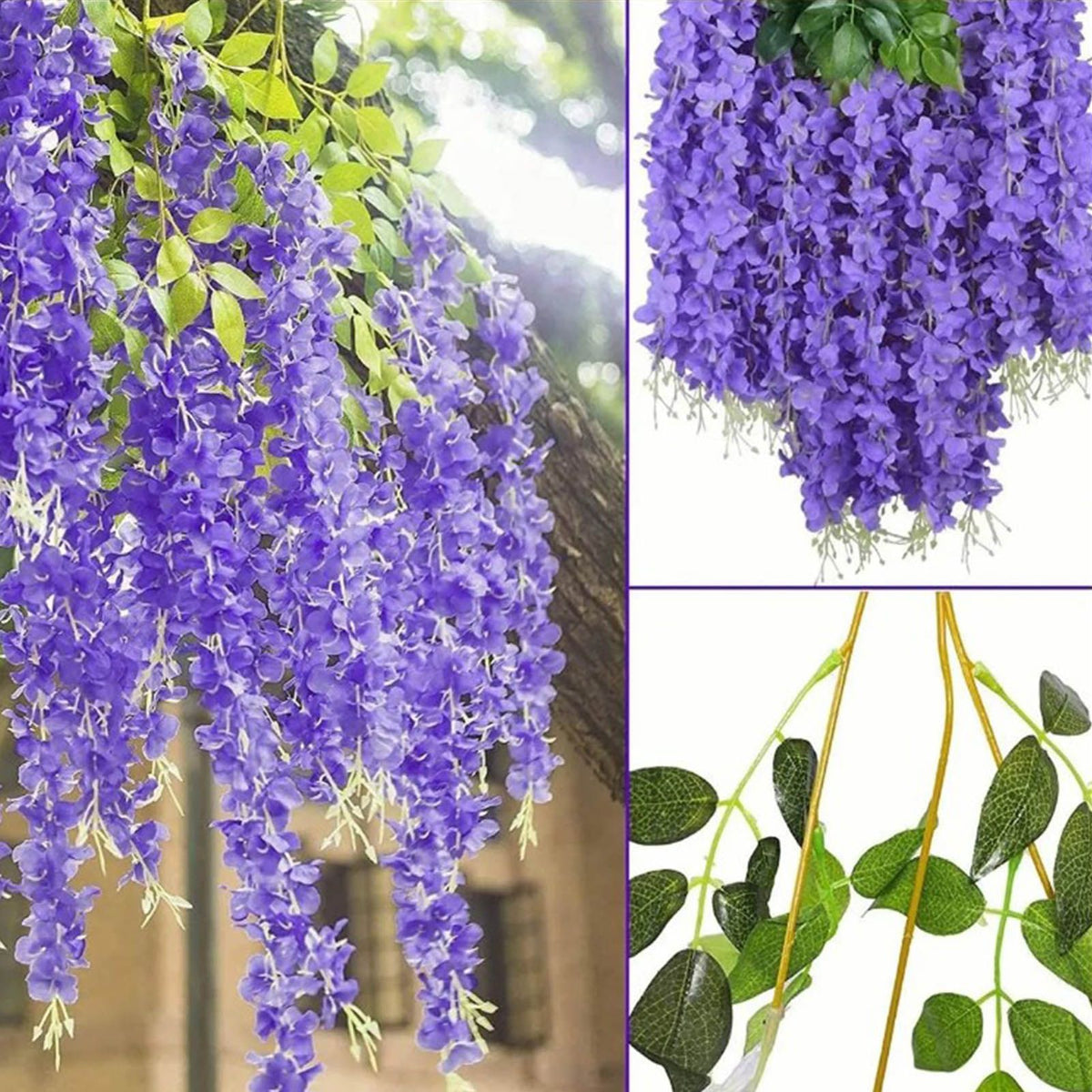 14PCS Ceiling Artificial Wisteria Flower Six Leaf Purple Blue Fake Vines Decoration for Wedding Home Ornament