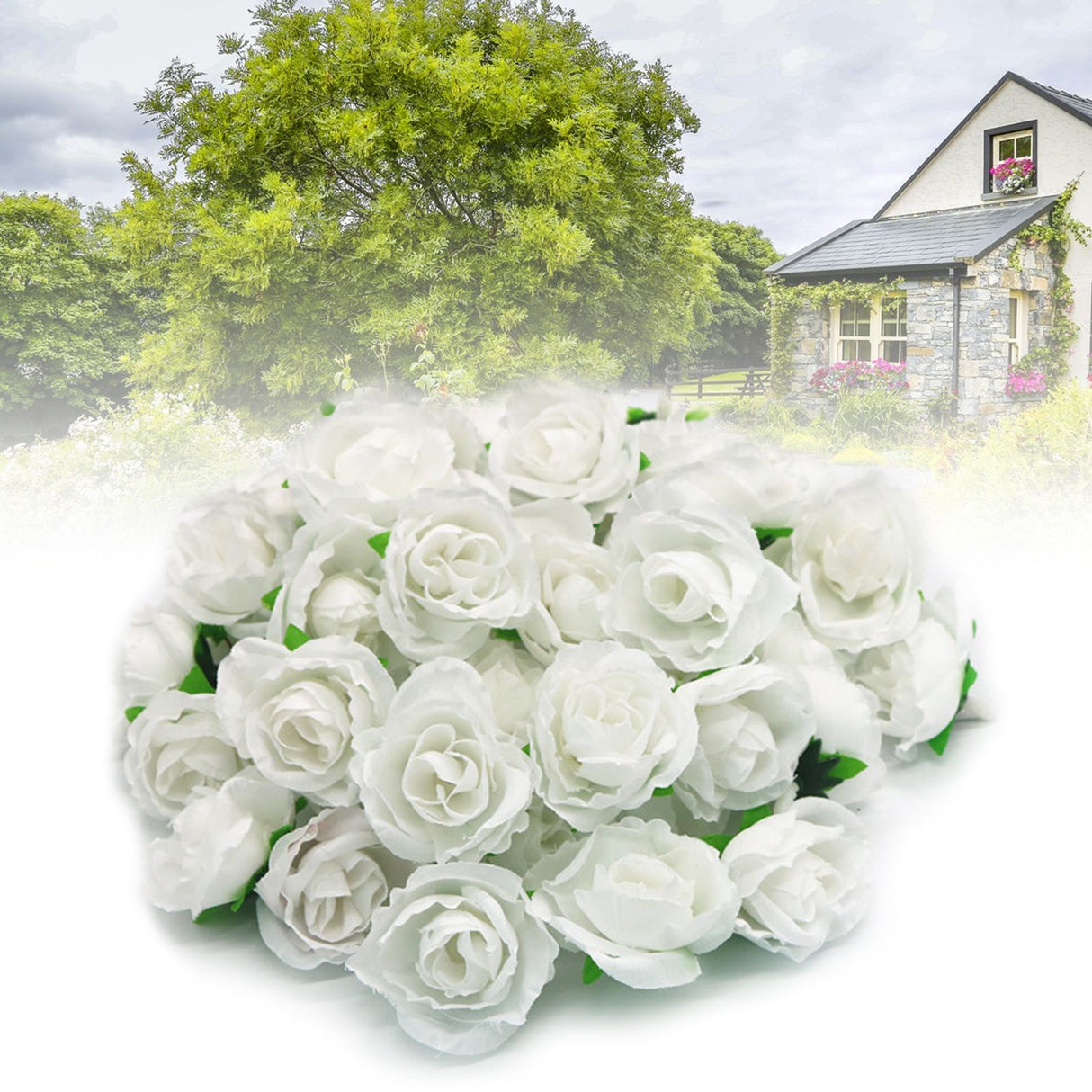 50PCS Simulation Rose Head Decorative Reusable Silk Fake Rose Flower for Wedding Party White