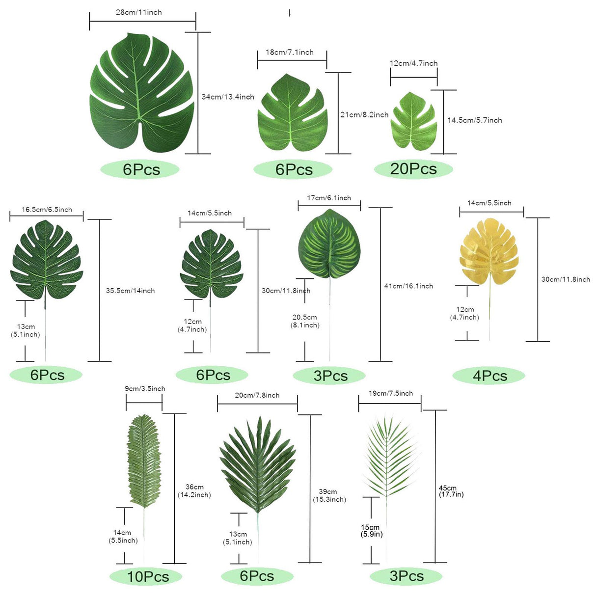 70pcs Simulated Palm Leaves Decorative Practical 10 Kinds Fake Faux Jungle Leaf Set for Home