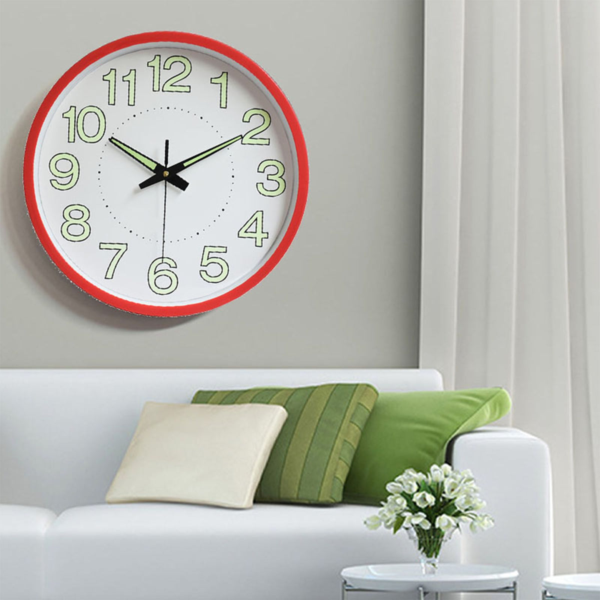 12 Inch Luminous Wall Clock Minimalist Round Quartz Clock for Bedroom Living Room Decoration Red