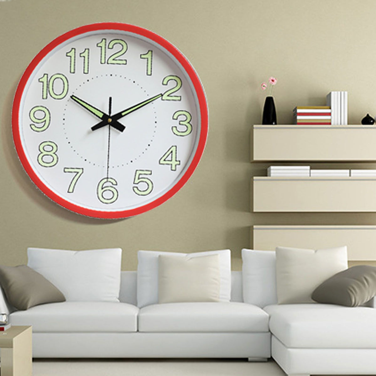 12 Inch Luminous Wall Clock Minimalist Round Quartz Clock for Bedroom Living Room Decoration Red