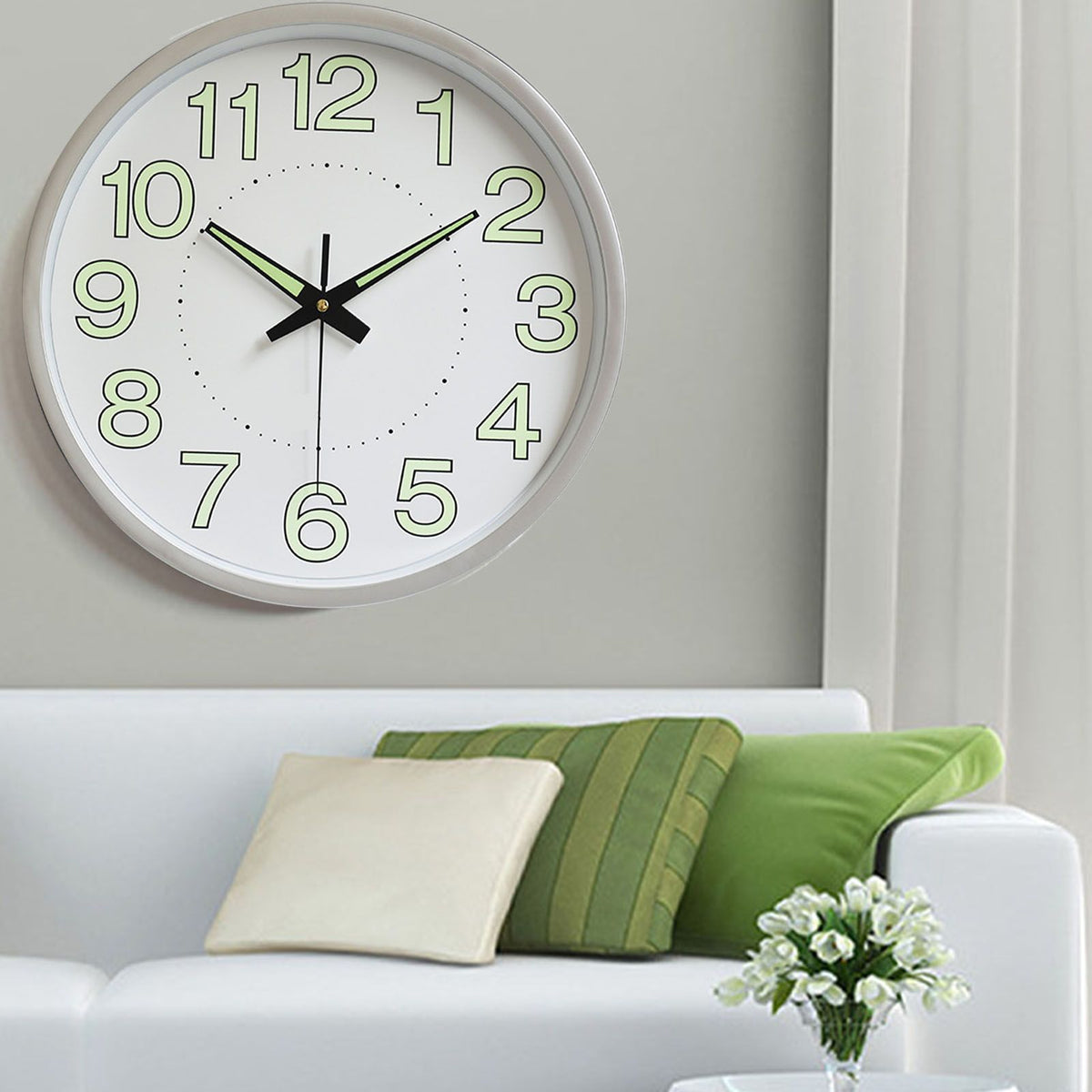 12 Inch Luminous Wall Clock Minimalist Round Quartz Clock for Bedroom Living Room Decoration Silver