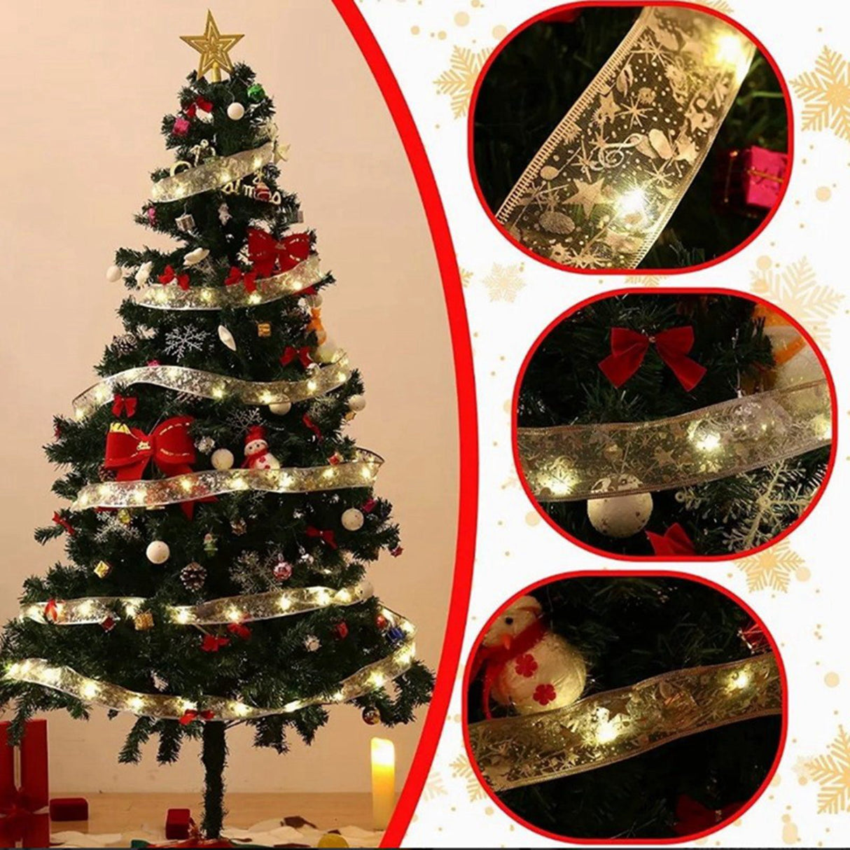 Christmas Ribbon Fairy Lights Gold Ribbon Warm Light 50 LED Christmas Tree Ribbon for Christmas Decorations 164ft