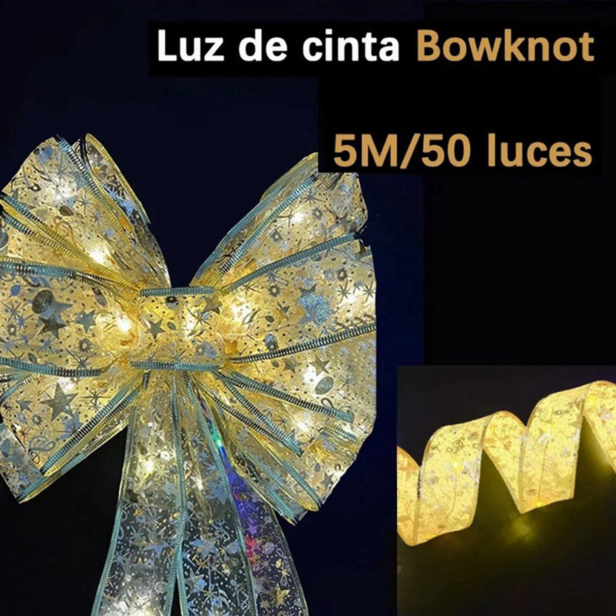 Christmas Ribbon Fairy Lights Gold Ribbon Warm Light 50 LED Christmas Tree Ribbon for Christmas Decorations 164ft