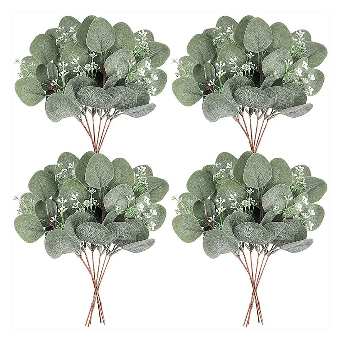 24Pcs Artificial Eucalyptus Stem Branches Round Eucalyptus Leaf with White Flower Decor Artificial Wedding Decor Plant