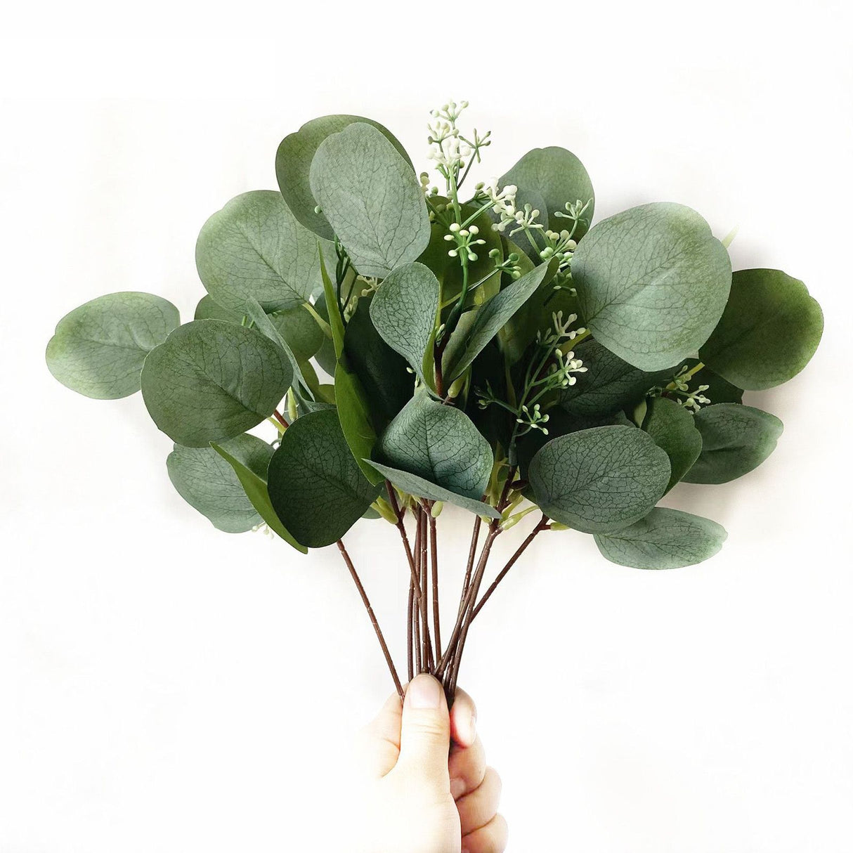24Pcs Artificial Eucalyptus Stem Branches Round Eucalyptus Leaf with White Flower Decor Artificial Wedding Decor Plant