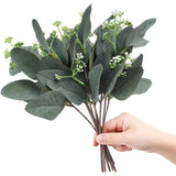 24Pcs Artificial Eucalyptus Stem Branches Round Eucalyptus Leaf with White Flower Decor Artificial Wedding Decor Plant