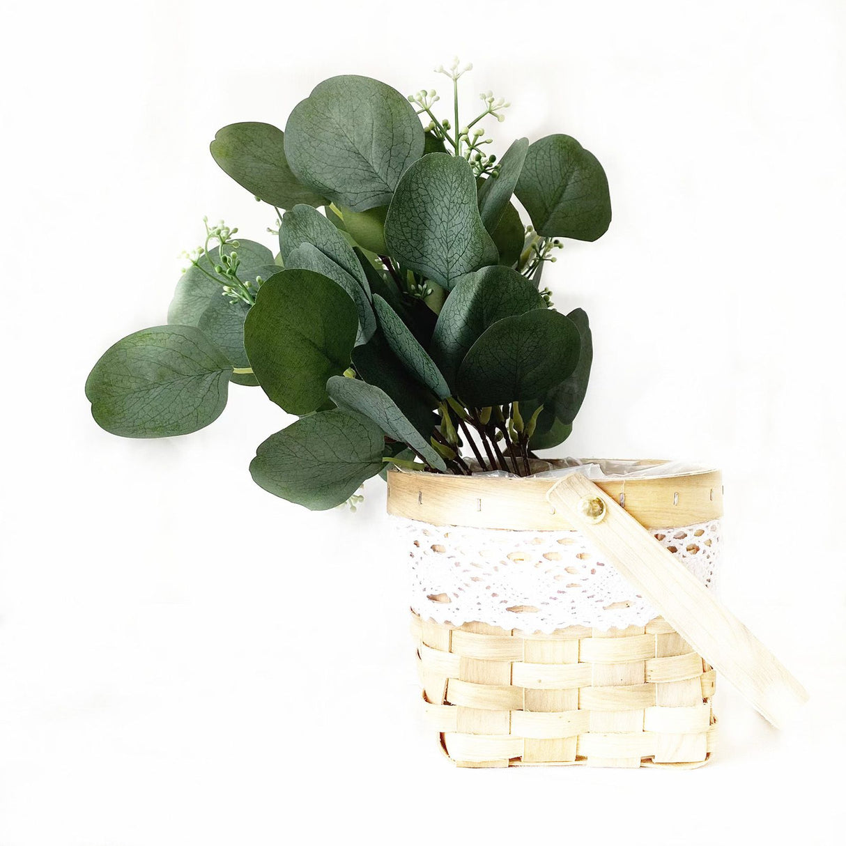 24Pcs Artificial Eucalyptus Stem Branches Round Eucalyptus Leaf with White Flower Decor Artificial Wedding Decor Plant