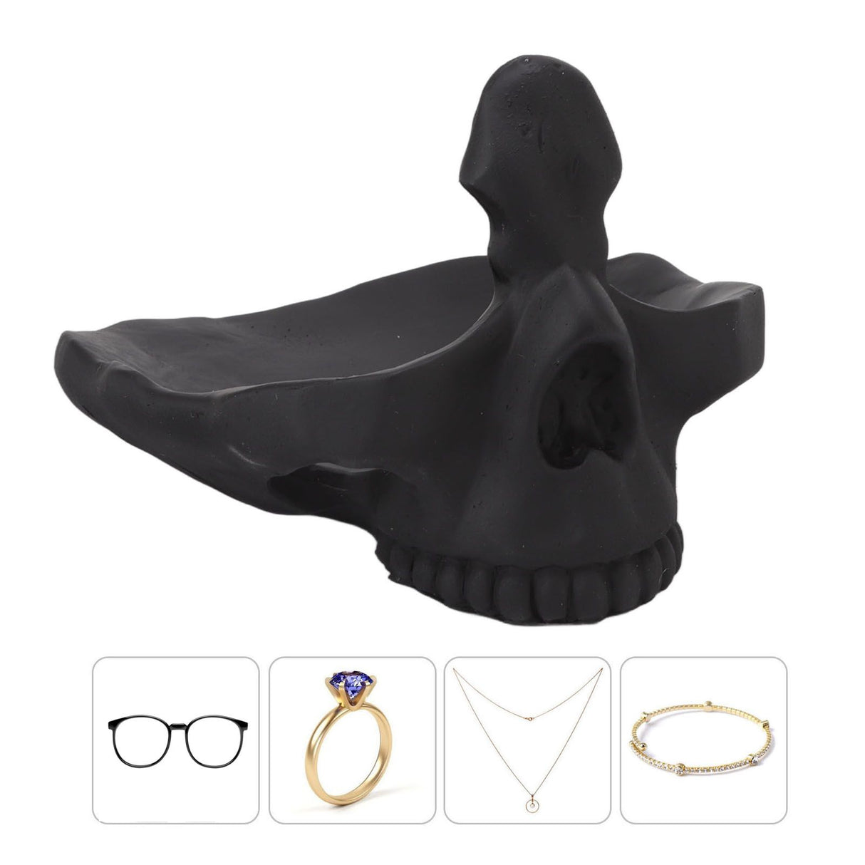 Skull Glasses Stand Lifelike Scratch Resistant Practical Statue Eyeglasses Holder with Storage Tray for Home Black