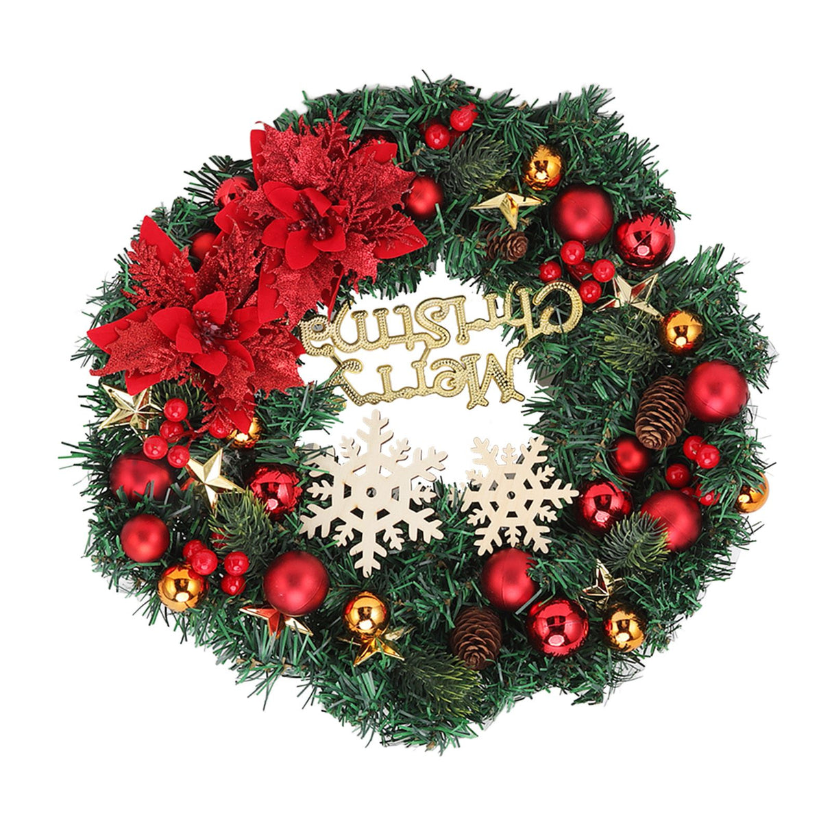 Christmas Wreath Snow Pine Cone Xmas Ball Wreath for Indoor Outdoor Holiday Decorations