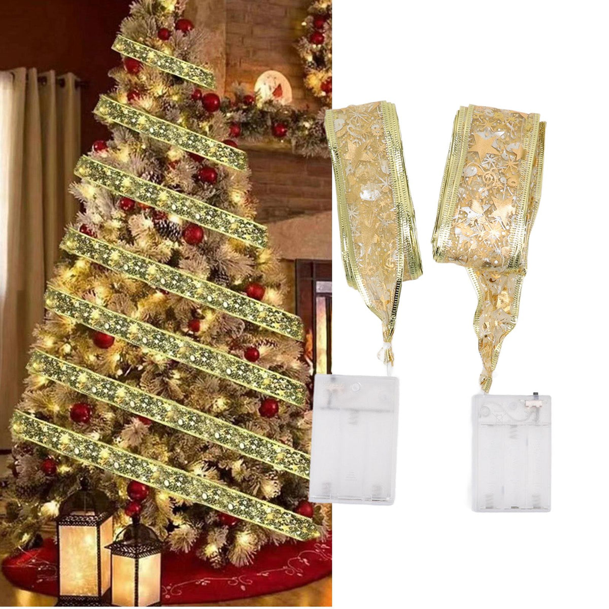 2 Pcs Christmas Ribbon String Lights Fairy Lights Christmas Tree Lights for Decorations Golden Warm Light 5cm 3.8cm