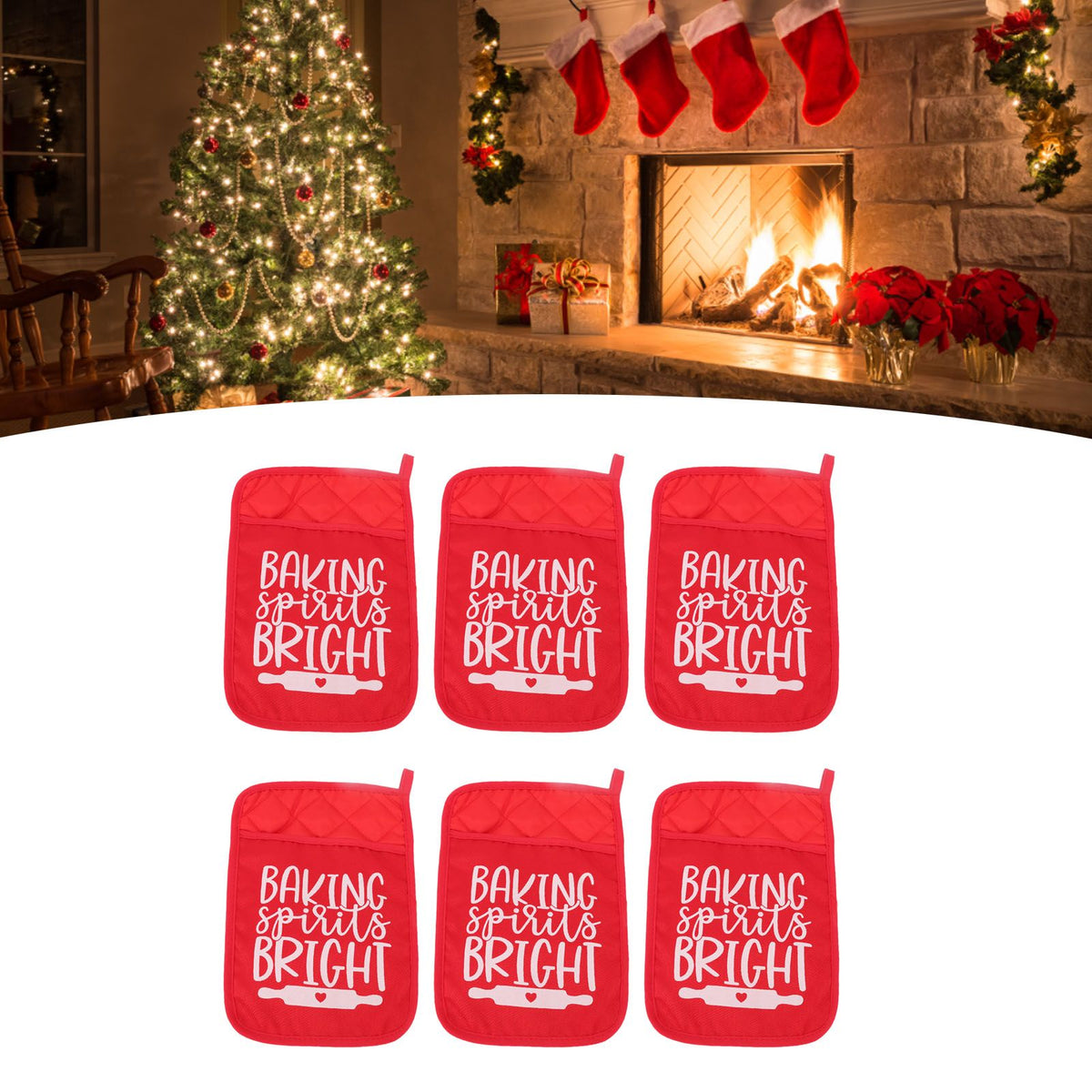 6Pcs Christmas Pot Holders with Pocket Heat Resistant Hot Pad Oven Mitts Cookie Bag Christmas Pot Rack Baking Kit