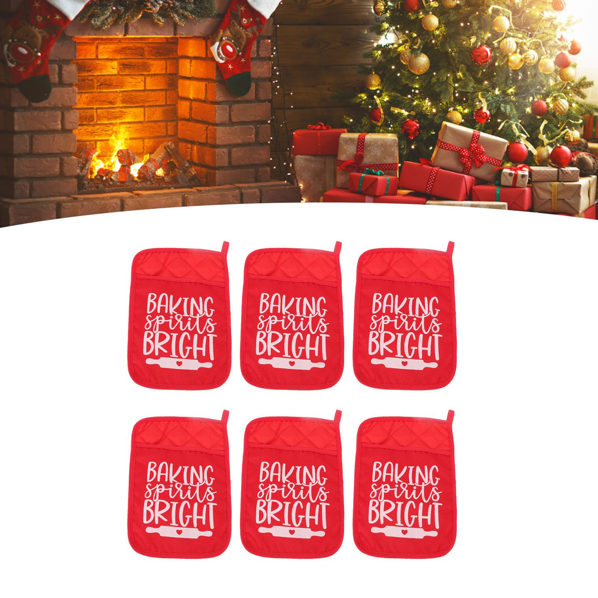 6Pcs Christmas Pot Holders with Pocket Heat Resistant Hot Pad Oven Mitts Cookie Bag Christmas Pot Rack Baking Kit