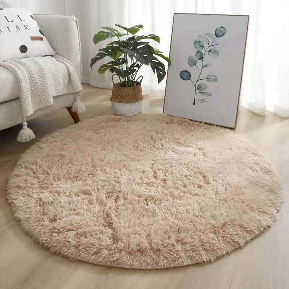 Floor Carpet Polyester Fiber Round Nordic Style Long Plush Soft Shaggy Rug for Home Bedroom Beige