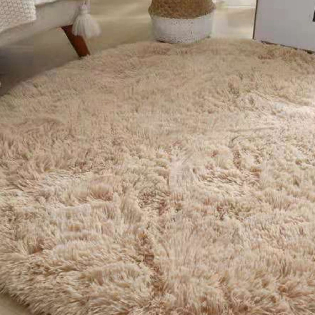 Floor Carpet Polyester Fiber Round Nordic Style Long Plush Soft Shaggy Rug for Home Bedroom Beige