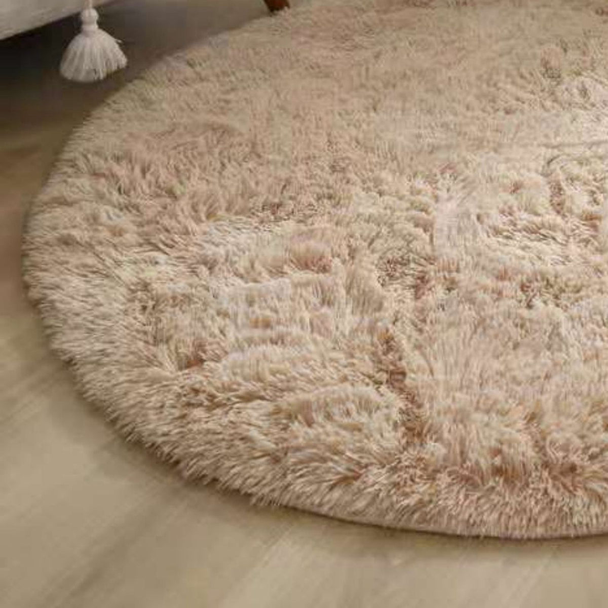 Floor Carpet Polyester Fiber Round Nordic Style Long Plush Soft Shaggy Rug for Home Bedroom Beige