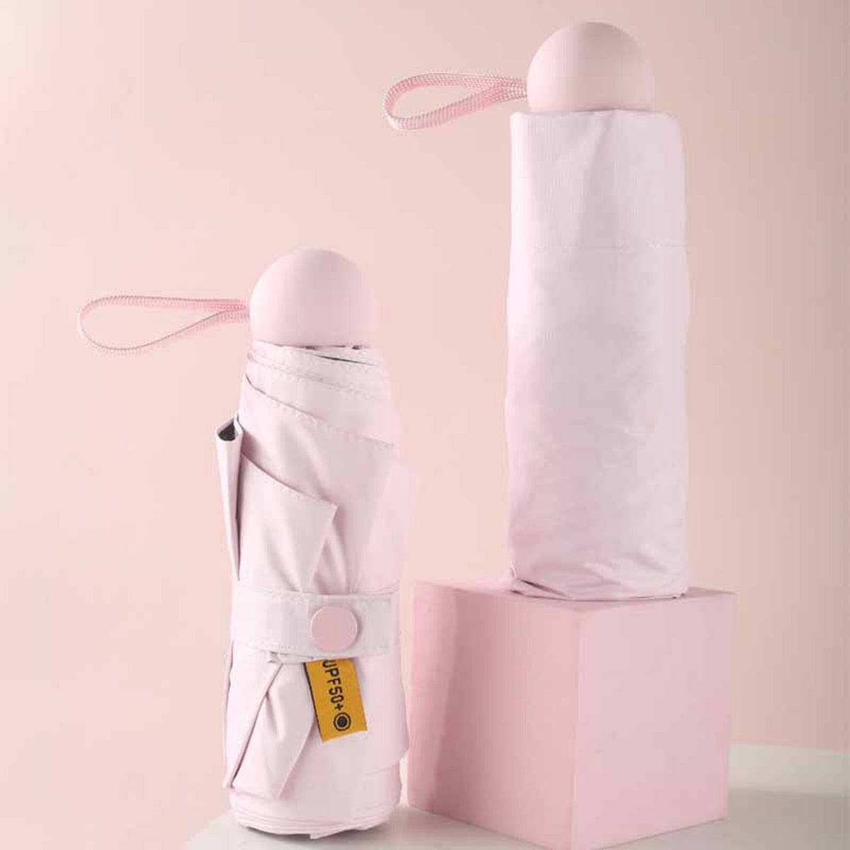 6 Ribs Folding Umbrella Five Fold UV Proof Sunscreen Capsule Umbrella for Sunny Rainy Days Pink with Storage Box