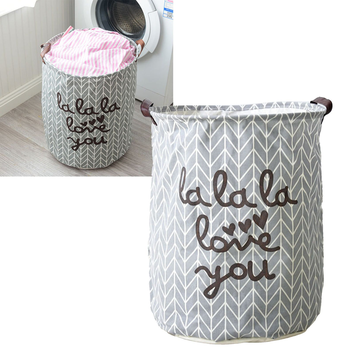 Laundry Basket Cotton Linen Foldable Round Dirty Clothes Storage Bag Folding Laundry Hamper for Home Dormitory Grey