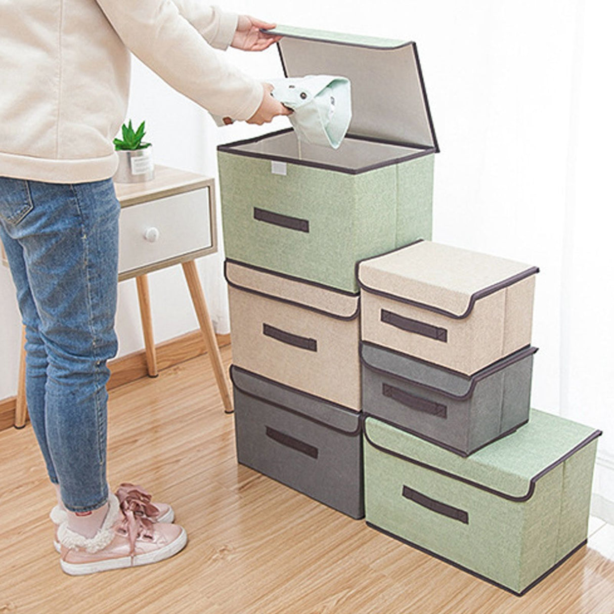 4 Pcs Non Woven Storage Box Case Dustproof Collapsible Two Large and Two Small for Household Home Light Green