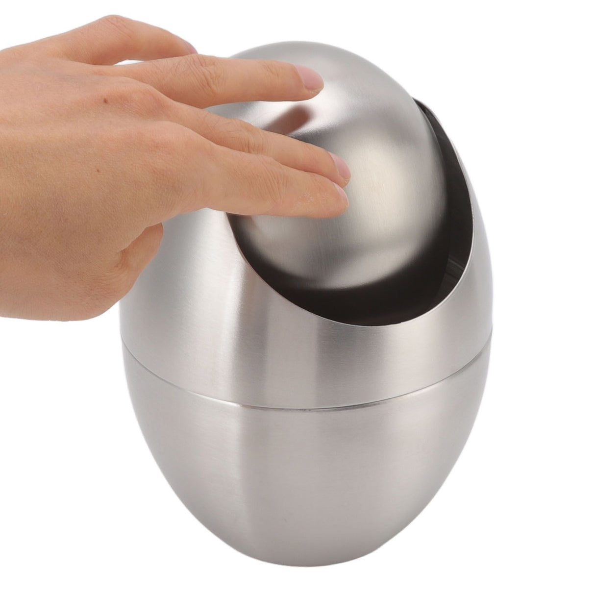 Desktop Trash Can Stainless Steel Egg Shape Mini Countertop Waste Bin with Swing Lid for Bathroom Bedroom