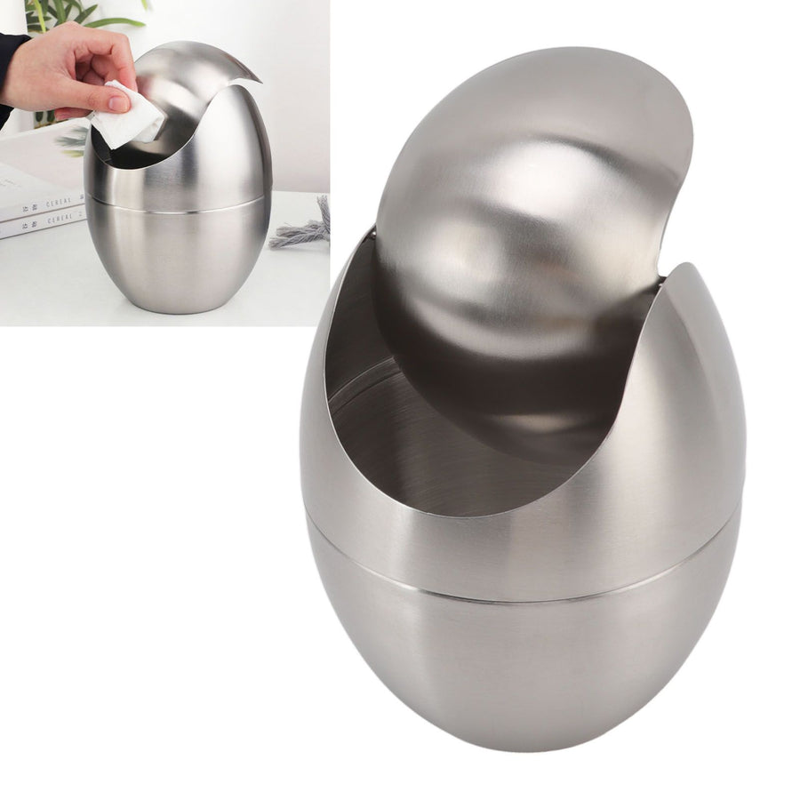 Desktop Trash Can Stainless Steel Egg Shape Mini Countertop Waste Bin with Swing Lid for Bathroom Bedroom