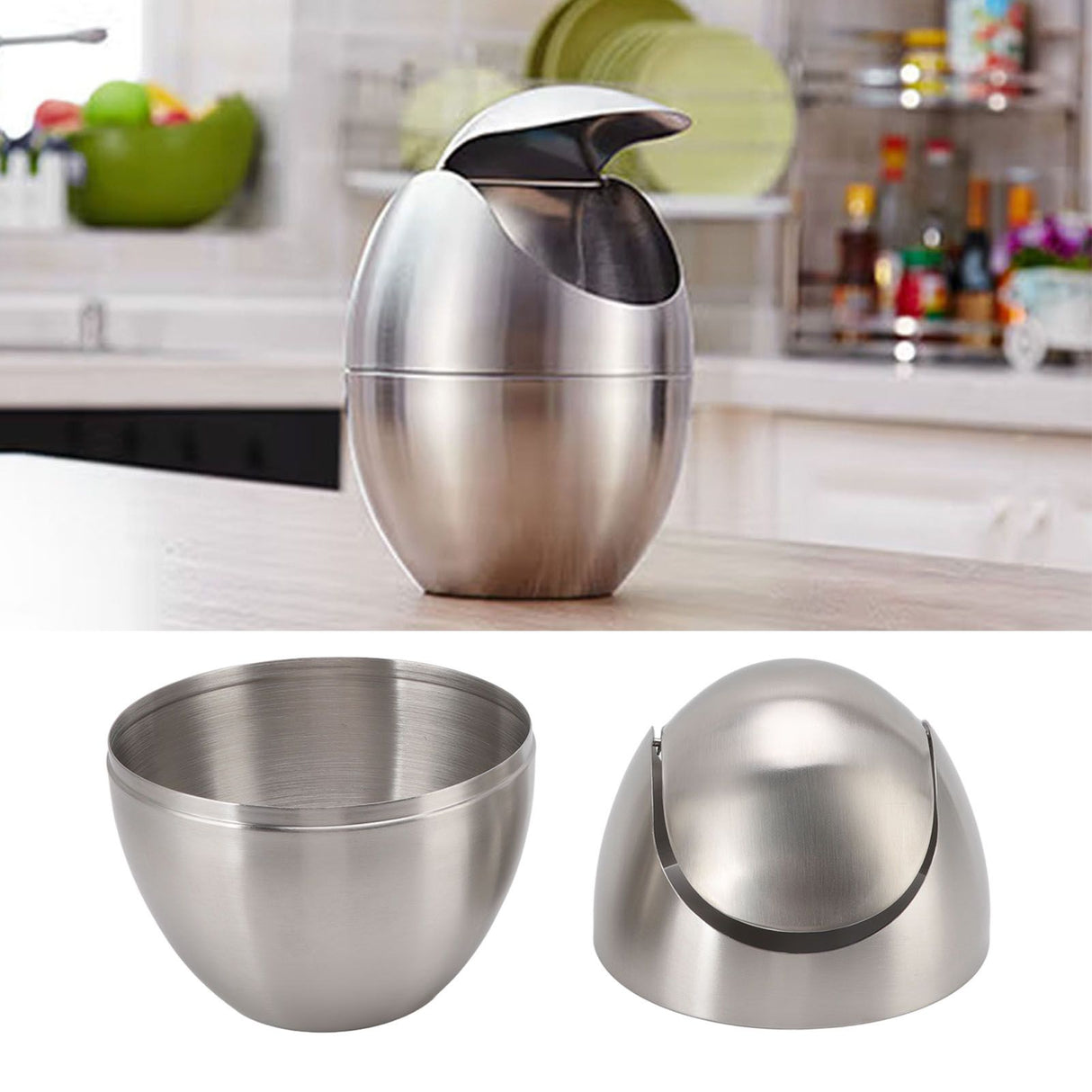 Desktop Trash Can Stainless Steel Egg Shape Mini Countertop Waste Bin with Swing Lid for Bathroom Bedroom