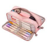 Pencil Pouch With 3 Compartments Large Capacity Double Opening Soft Canvas Dustproof Zipper Pencil Case for Students Pink