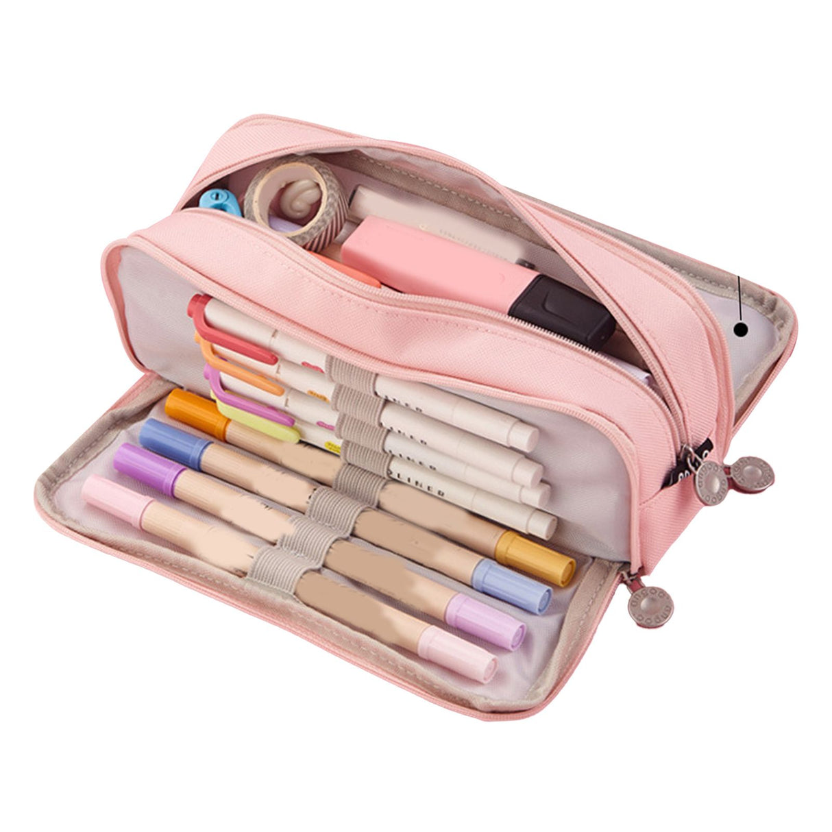 Pencil Pouch With 3 Compartments Large Capacity Double Opening Soft Canvas Dustproof Zipper Pencil Case for Students Pink