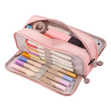 Pencil Pouch With 3 Compartments Large Capacity Double Opening Soft Canvas Dustproof Zipper Pencil Case for Students Pink