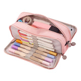 Pencil Pouch With 3 Compartments Large Capacity Double Opening Soft Canvas Dustproof Zipper Pencil Case for Students Pink