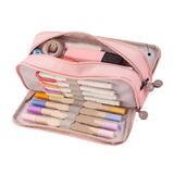 Pencil Pouch With 3 Compartments Large Capacity Double Opening Soft Canvas Dustproof Zipper Pencil Case for Students Pink - Top-Down View