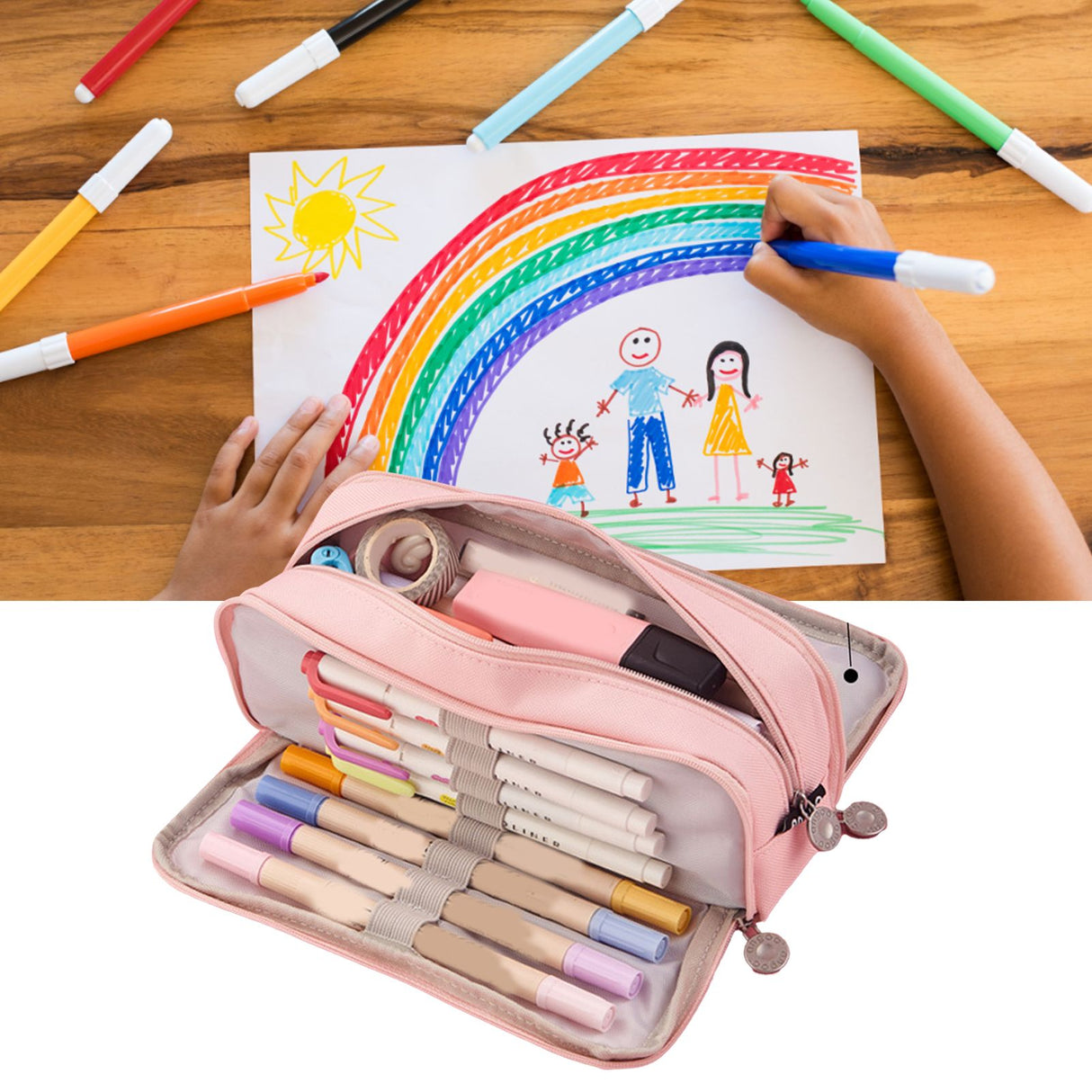 Pencil Pouch With 3 Compartments Large Capacity Double Opening Soft Canvas Dustproof Zipper Pencil Case for Students Pink