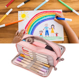 Pencil Pouch With 3 Compartments Large Capacity Double Opening Soft Canvas Dustproof Zipper Pencil Case for Students Pink - Extra Image