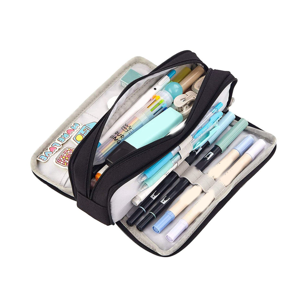 Pencil Pouch With 3 Compartments Large Capacity Double Opening Soft Canvas Dustproof Zipper Pencil Case for Students Black
