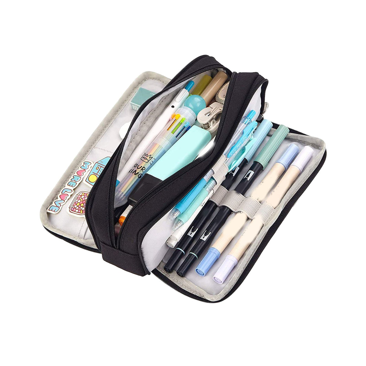 Pencil Pouch With 3 Compartments Large Capacity Double Opening Soft Canvas Dustproof Zipper Pencil Case for Students Black
