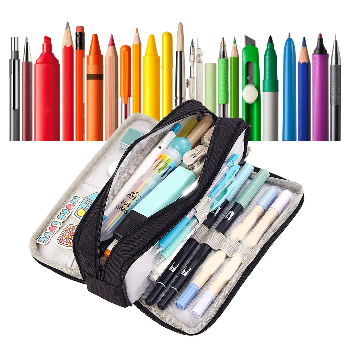 Pencil Pouch With 3 Compartments Large Capacity Double Opening Soft Canvas Dustproof Zipper Pencil Case for Students Black