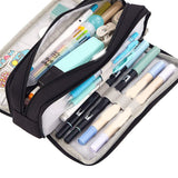 Pencil Pouch With 3 Compartments Large Capacity Double Opening Soft Canvas Dustproof Zipper Pencil Case for Students Black