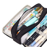 Pencil Pouch With 3 Compartments Large Capacity Double Opening Soft Canvas Dustproof Zipper Pencil Case for Students Black - Low Angle