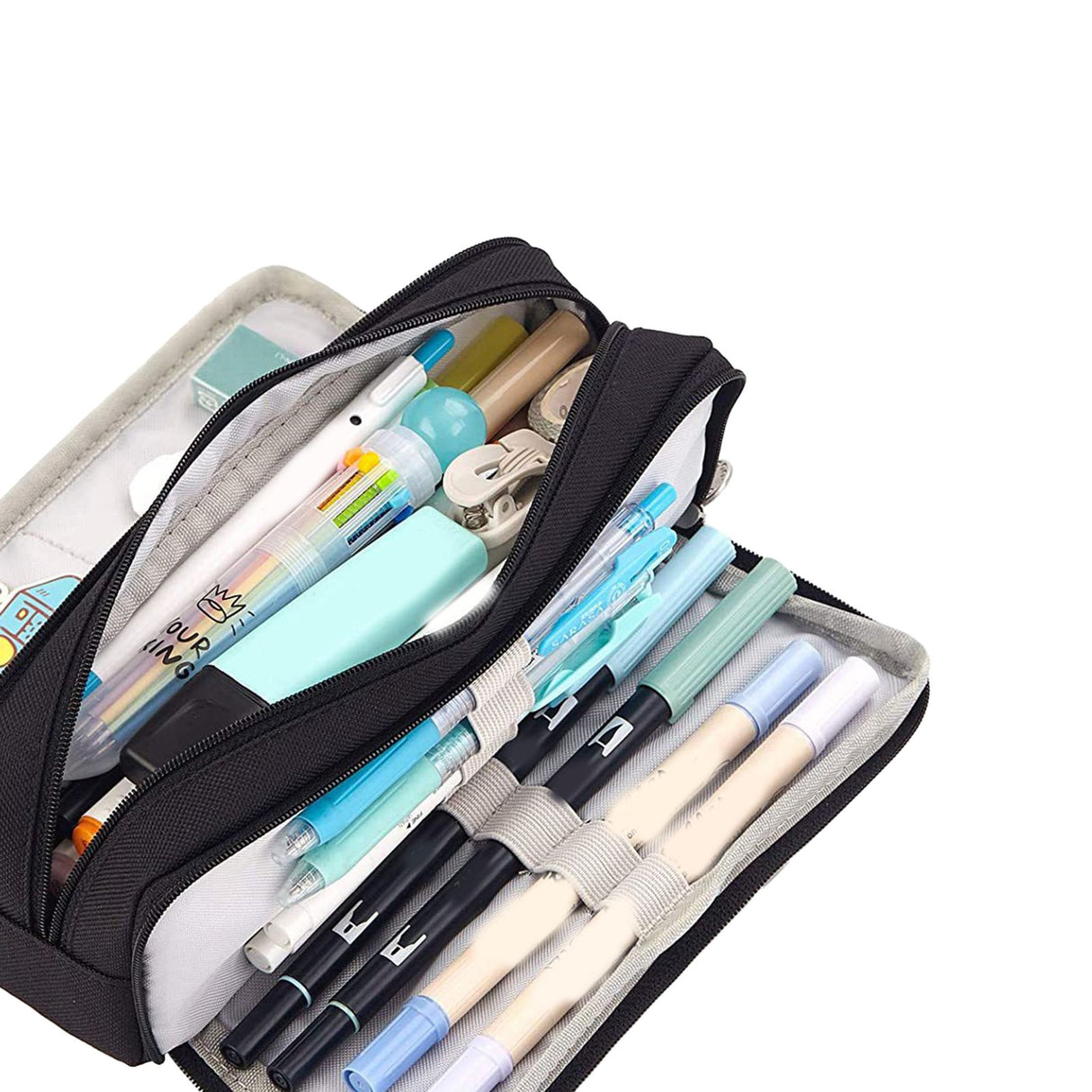 Pencil Pouch With 3 Compartments Large Capacity Double Opening Soft Canvas Dustproof Zipper Pencil Case for Students Black