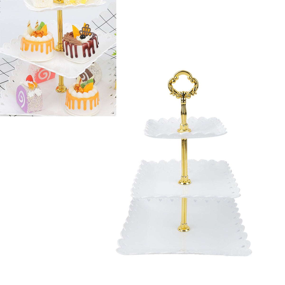 White 3 Tier Cupcake Stand Stable Plastic Decorative Square Dessert Serving Tray Rack for Weddings Parties