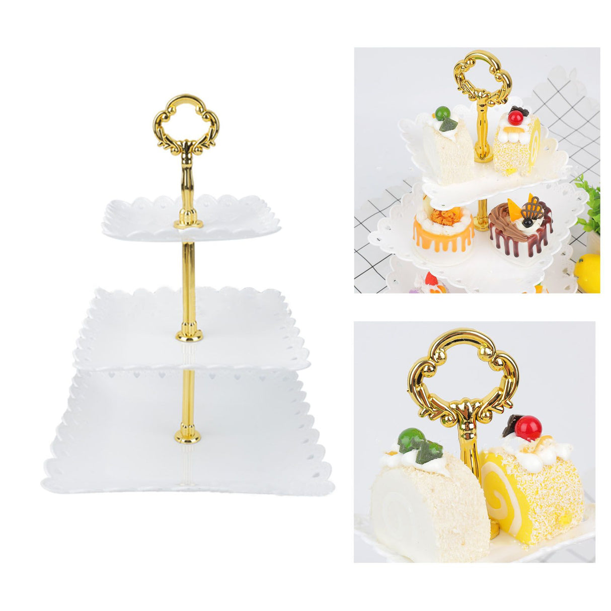White 3 Tier Cupcake Stand Stable Plastic Decorative Square Dessert Serving Tray Rack for Weddings Parties