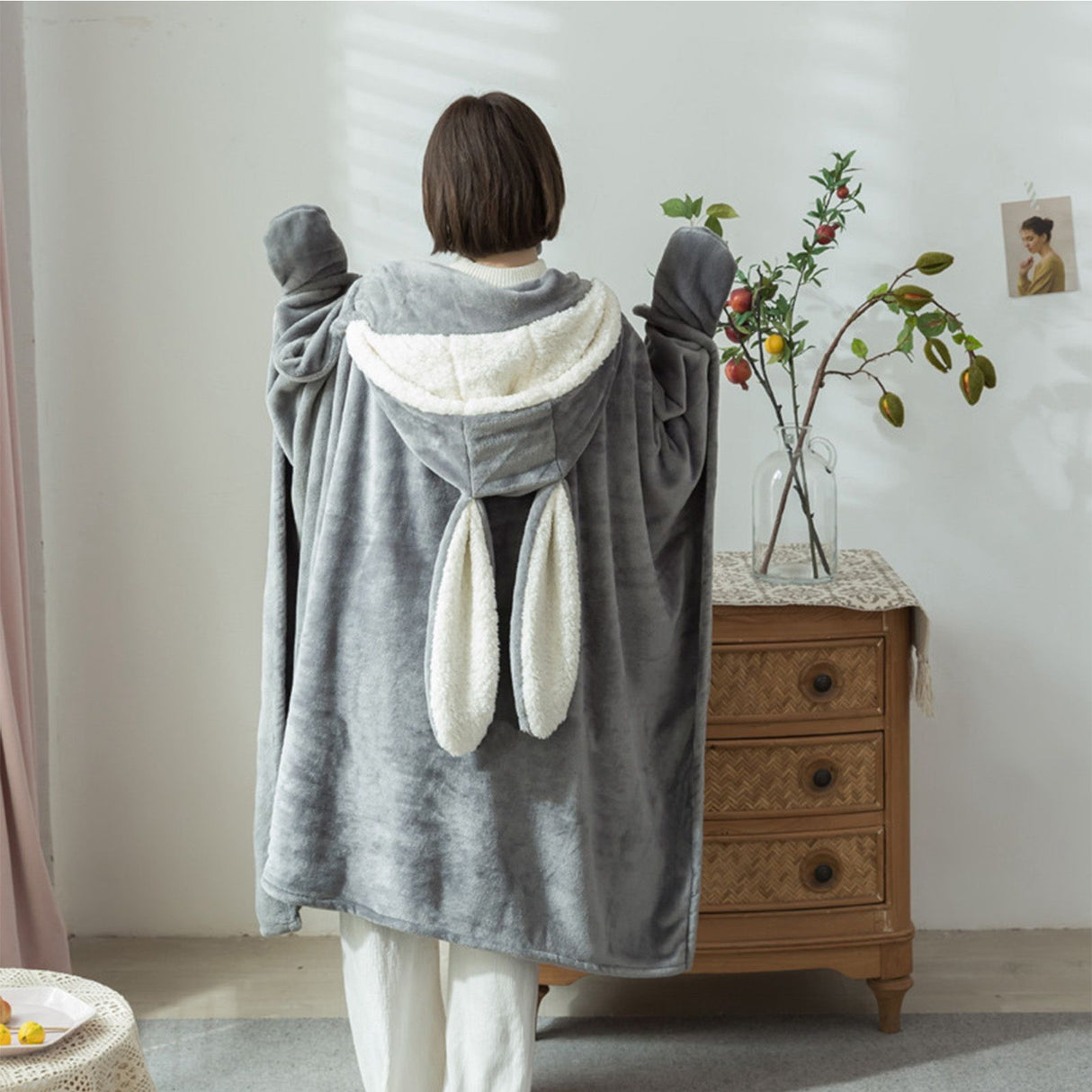 Hooded Blanket Wearable Polyester Plush Rabbit Ear Hooded Blanket Throw Soft Warm Blanket for Home Dark Gray Large