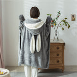 Hooded Blanket Wearable Polyester Plush Rabbit Ear Hooded Blanket Throw Soft Warm Blanket for Home Dark Gray Large