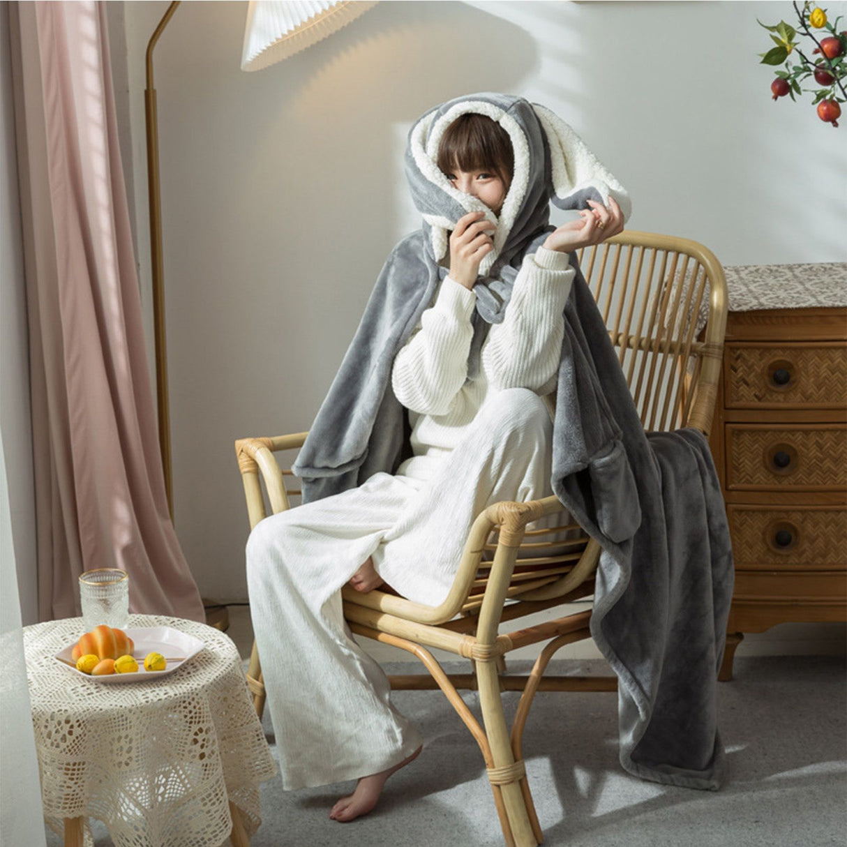 Hooded Blanket Wearable Polyester Plush Rabbit Ear Hooded Blanket Throw Soft Warm Blanket for Home Dark Gray Large