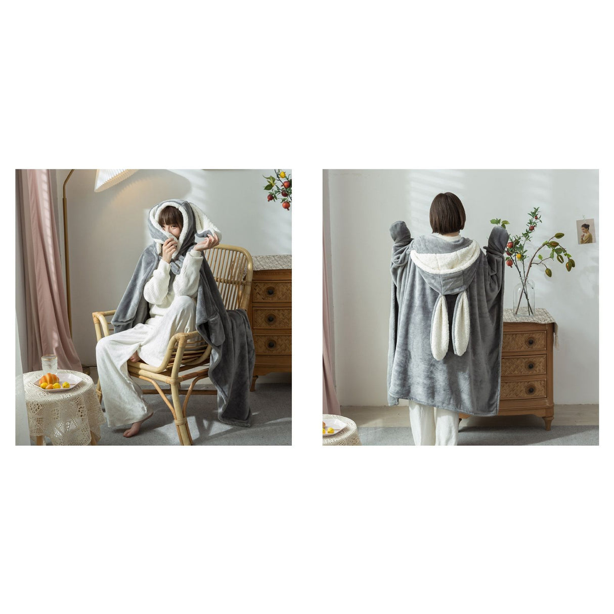 Hooded Blanket Wearable Polyester Plush Rabbit Ear Hooded Blanket Throw Soft Warm Blanket for Home Dark Gray Large